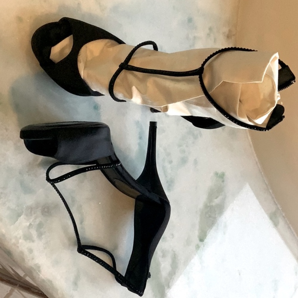 Georgio Armani Silk & Goat leather t strap rhinestone heels sz 36M